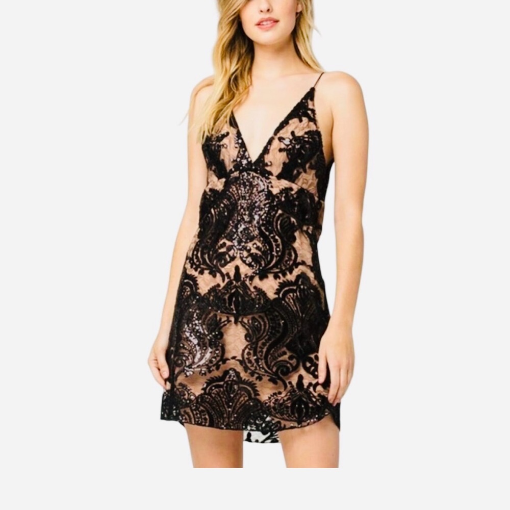 Free People Black and Beige Lace/Sequin Night Shimmer Mini Dress. Size (2)